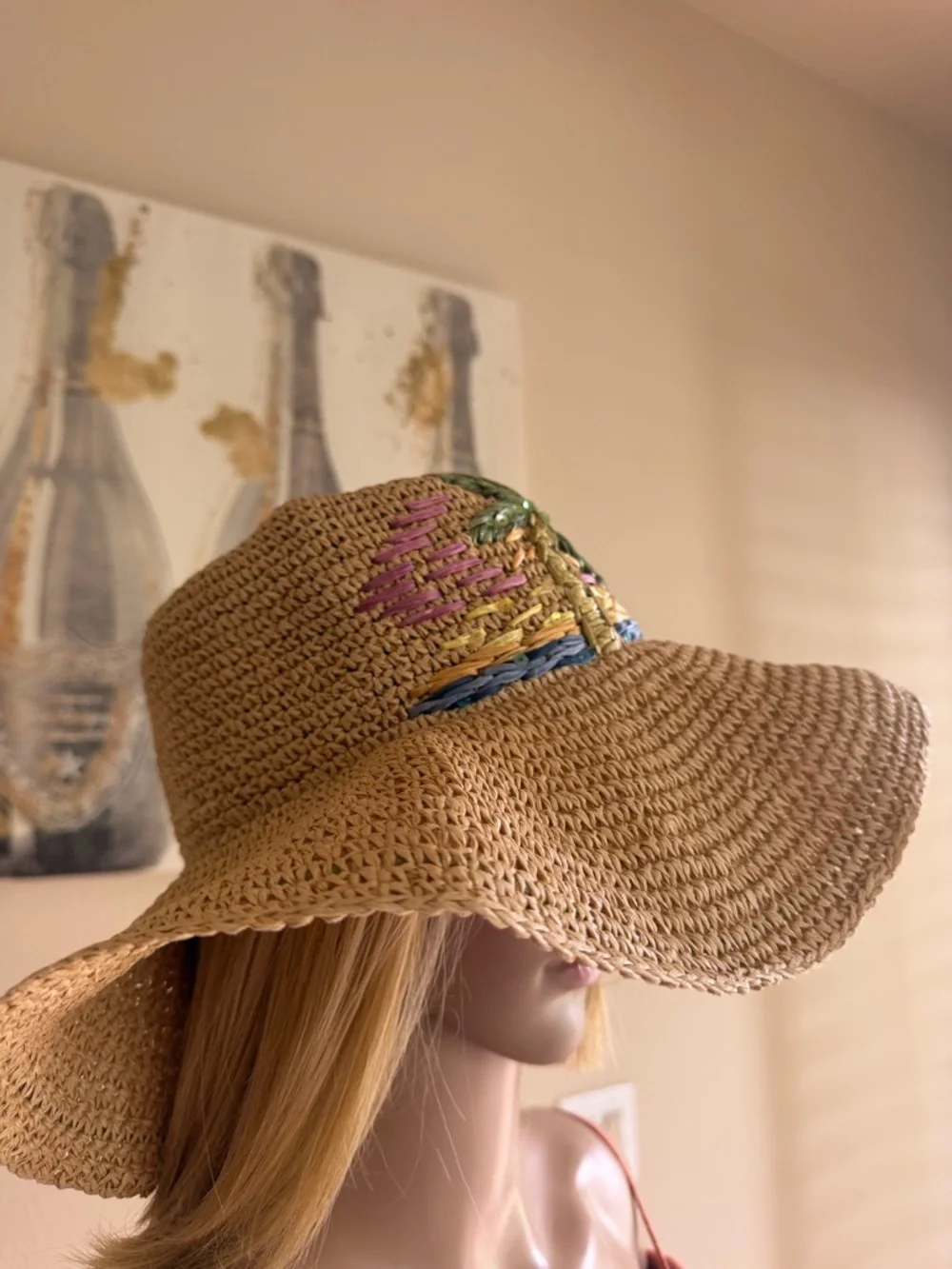 Wide Brim Straw Sun Hat with Colorful Embroidery
